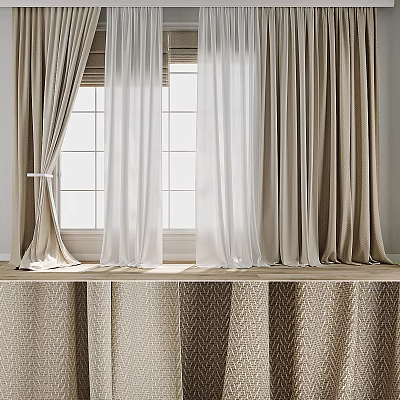 Elegant Beige Curtains With White Sheer Layers For Window Interior Design 3d model