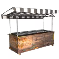 Vintage Wooden Food Cart With Striped Awning And Metal Display Trays On Wheels