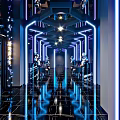 Modern Style KTV Corridor Interior With Bright Neon Lights And Mirrored Floors