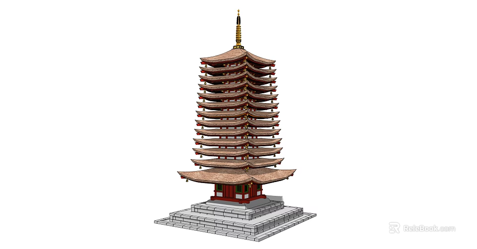 Multi Story Traditional Chinese Pagoda With Stone Base Wooden Structure And Spire 3d model 