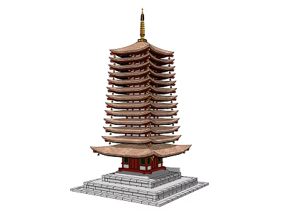 Multi Story Traditional Chinese Pagoda With Stone Base Wooden Structure And Spire 3d model