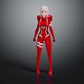 Game Movie Character in Red Sleek Outfit with Pink Hair and Futuristic Design