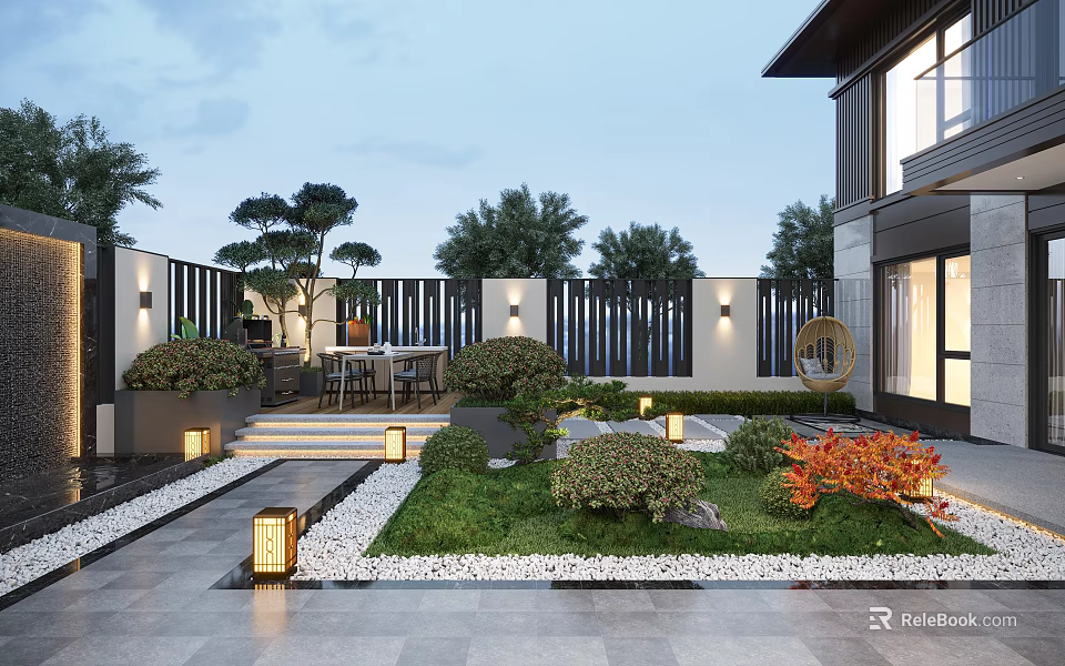 Modern Garden Landscape With Stone Pavement Green Plants Lighting Bushes And Seating Area 3d model 
