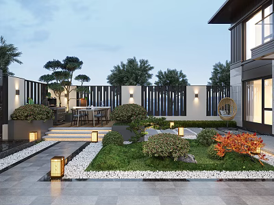 Modern Garden Landscape With Stone Pavement Green Plants Lighting Bushes And Seating Area 3d model