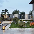 Modern Garden Landscape With Stone Pavement Green Plants Lighting Bushes And Seating Area