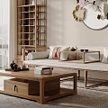 Wooden Sofa and Coffee Table Set with Minimalist Style Cushions and Floral Round Wall Art