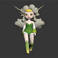 3D Model Fantasy Game Movie Character With Golden Horns Yellow Hair Green Leotard Cloud Decorations