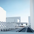 Urban Park Landscape Surrounded By White Buildings Featuring Central Geometric Structure And Palm Trees