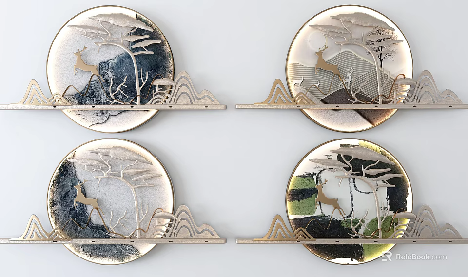 Artistic Circular Wall Decor With Deer Mountain Tree Patterns And Gold Silver Brackets 3d model