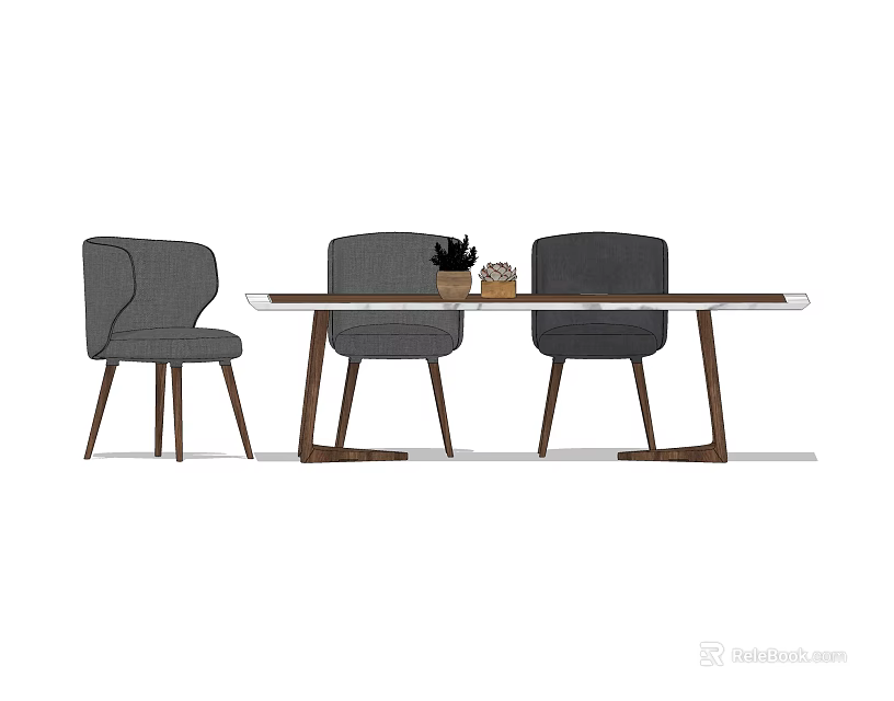 Modern Dining Table Set With Three Gray Chairs And Small Potted Plant 3d model