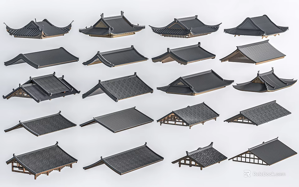 Traditional Architectural Roof Components With Various Black Tiled Shapes And Designs 3d model 
