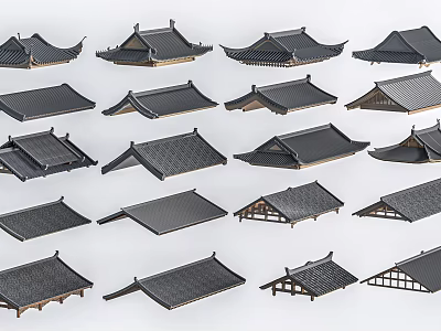 Traditional Architectural Roof Components With Various Black Tiled Shapes And Designs 3d model