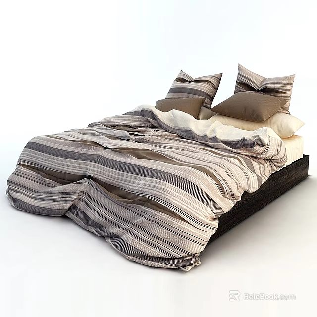 Comfortable Double Bed With Striped Gray White Brown Bedspread Pillows And Wooden Frame 3d model 
