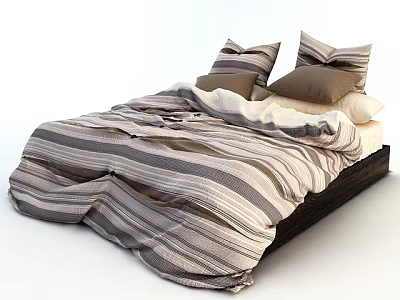 Comfortable Double Bed With Striped Gray White Brown Bedspread Pillows And Wooden Frame 3d model