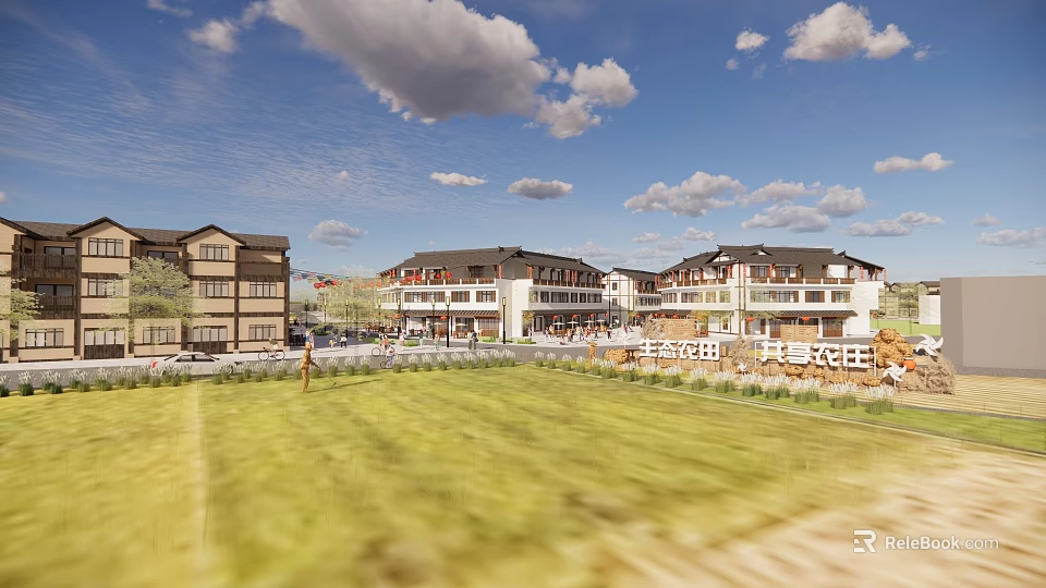 Rural Landscape With Traditional Village Buildings Green Grassland And Cloudy Blue Sky 3d model 