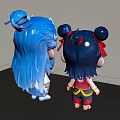 Cute 3D Game Movie Characters Featuring Black Hair Red Yellow Outfit Blue Hair White Attire