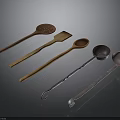 Household Kitchen Tools Including Wooden Spoons And Metal Ladles With Various Shapes