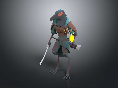 Anthropomorphic Crow Headed Warrior Character With Blue Brown Clothing Holding Sword Clawed Feet 3d model