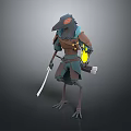 Anthropomorphic Crow Headed Warrior Character With Blue Brown Clothing Holding Sword Clawed Feet