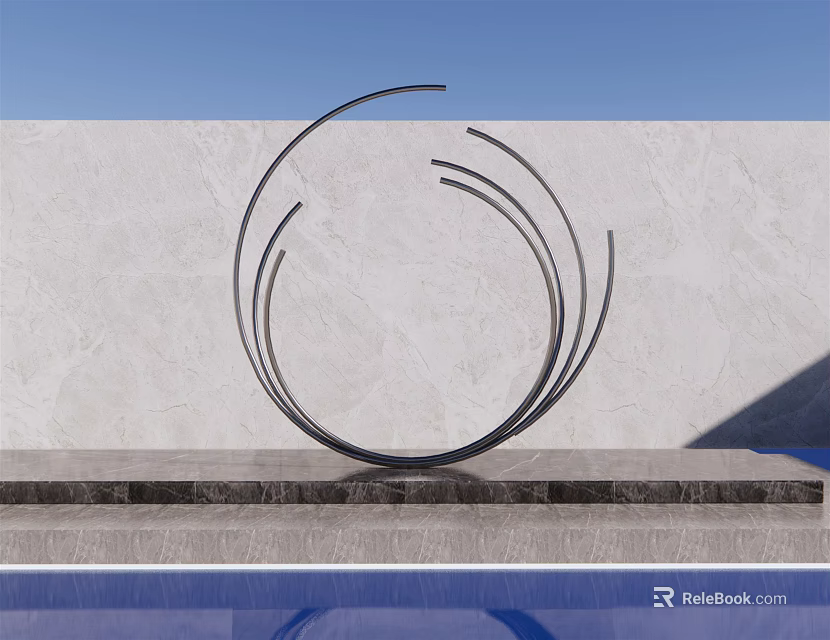 Metal Circular Landscape Sculpture with Curved Lines by Gray Wall and Pool Reflection 3d model 