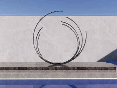 Metal Circular Landscape Sculpture with Curved Lines by Gray Wall and Pool Reflection 3d model
