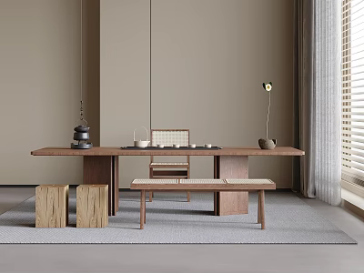 Modern Tea Table And Chairs Wooden Furniture With Tea Set Lamp Rug Curtain Interior Design 3d model