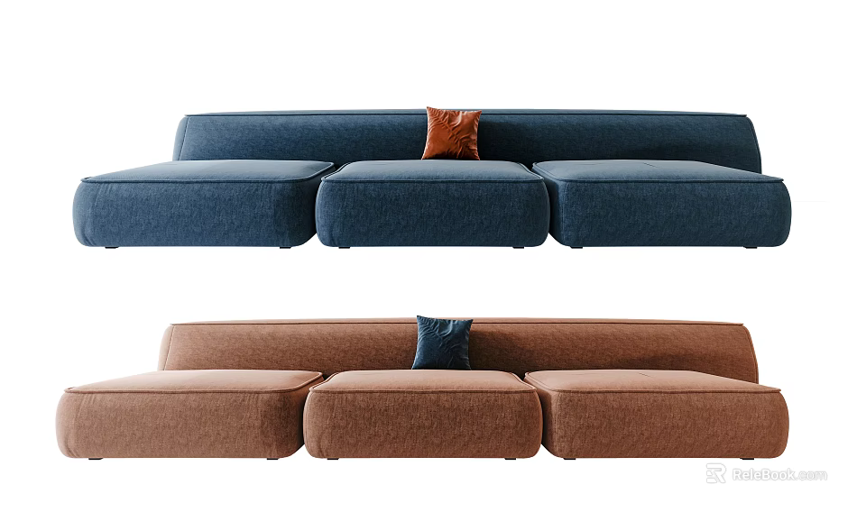 Modern Blue and Brown Modular Sectional Sofas with Orange and Blue Cushions 3d model