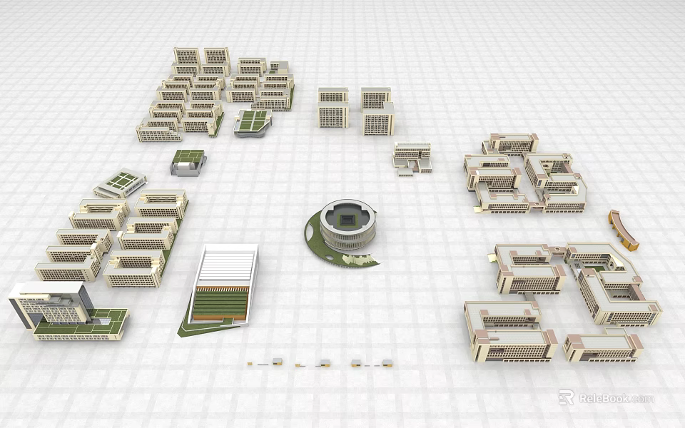 Various School Buildings Featuring Different Structures Circular Design And Green Spaces In Campus Layout 3d model