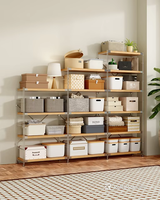 Practical Storage Shelving Unit With Multiple Storage Bins In Various Colors And Small Decorative Plants 3d model 
