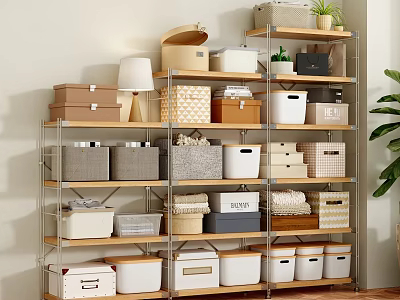 Practical Storage Shelving Unit With Multiple Storage Bins In Various Colors And Small Decorative Plants 3d model