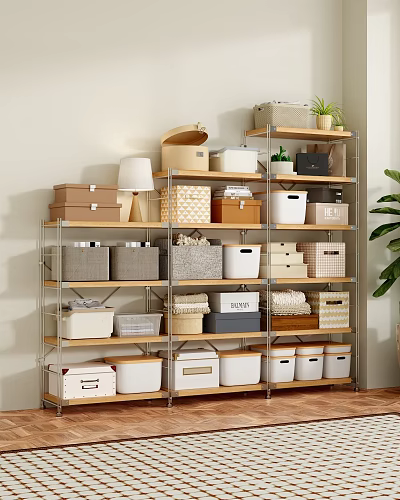 Practical Storage Shelving Unit With Multiple Storage Bins In Various Colors And Small Decorative Plants 3d model