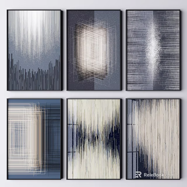 Abstract Art Paintings With Linear Textures Gray White Navy Blue Wall Decor 3d model