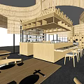 Modern Wooden Restaurant Interior With Curved Decor Bar Counter Wine Racks And Dining Tables
