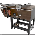Industrial Table Saw with Wooden Tabletop Black Metal Stand Control Panel and Sliding Rails
