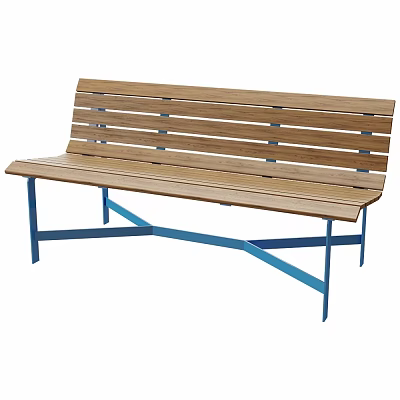 Durable Outdoor Bench Wooden Seat and Back with Blue Metal Frame for Garden Patio 3d model