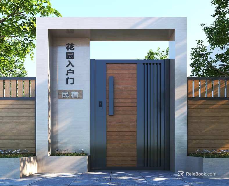 Elegant Garden Gate Entrance With Wooden And Metal Door And Greenery For Guesthouse 3d model 