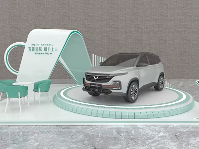 Modern Exhibition Booth With Curved Structure SUV Car On Circular Platform And Green Furniture 3d model