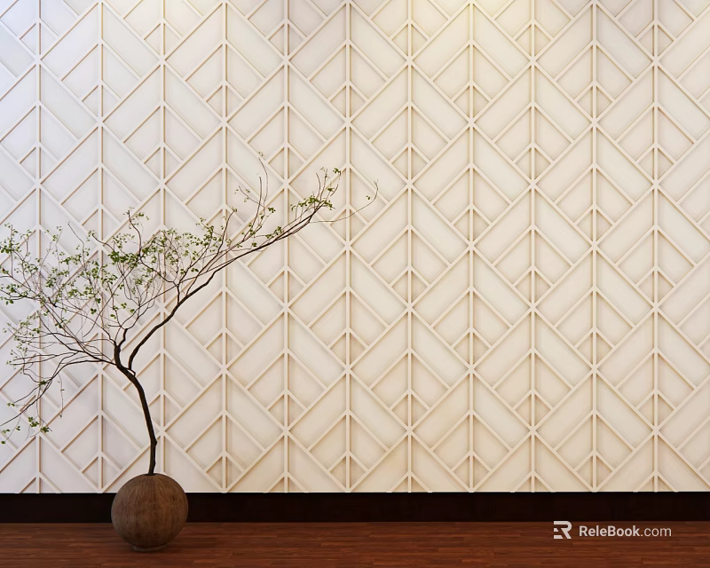 Modern Wardrobe With White Geometric Pattern Design And Decorative Tree Pot On Wooden Floor 3d model 