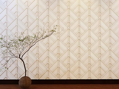 Modern Wardrobe With White Geometric Pattern Design And Decorative Tree Pot On Wooden Floor 3d model