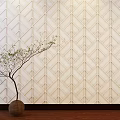 Modern Wardrobe With White Geometric Pattern Design And Decorative Tree Pot On Wooden Floor