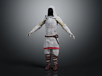 Hooded White Outfit With Red Trim Brown Belt Straps Leggings And Boots 3d model