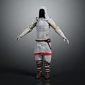 Hooded White Outfit With Red Trim Brown Belt Straps Leggings And Boots