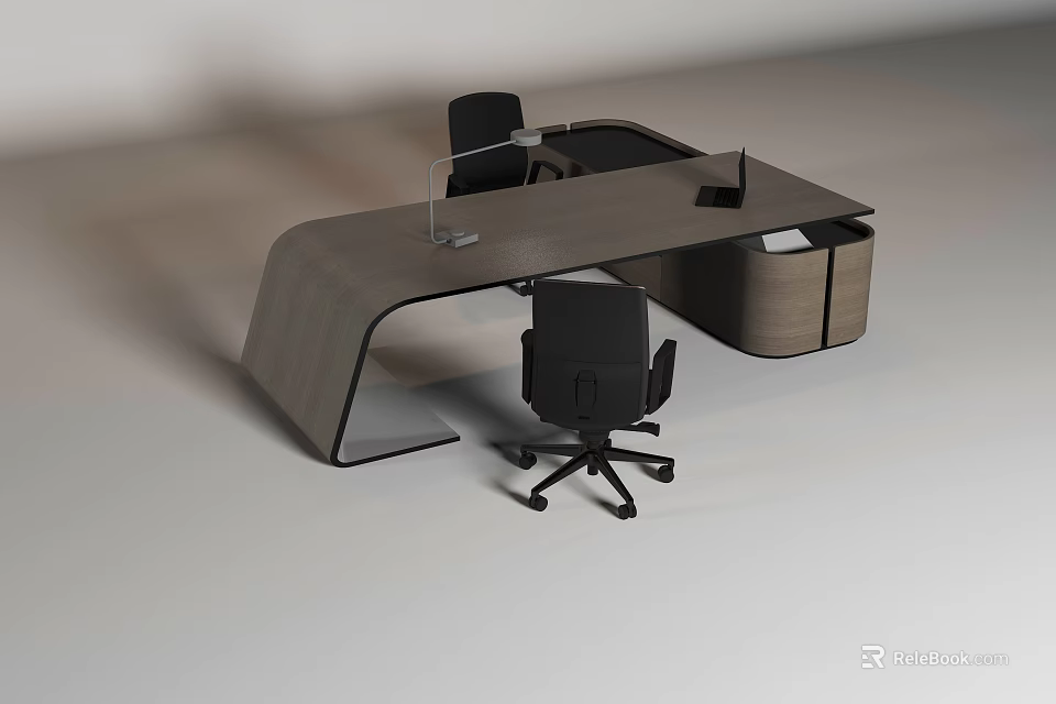Modern Office Desk With Curved Desktop And Black Office Chair Setup 3d model 