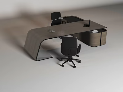 Modern Office Desk With Curved Desktop And Black Office Chair Setup 3d model