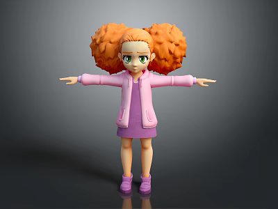 Cartoon Game Character With Orange Curly Hair Green Eyes Pink Jacket Purple Dress Arms Outstretched 3d model