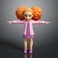 Cartoon Game Character With Orange Curly Hair Green Eyes Pink Jacket Purple Dress Arms Outstretched