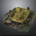 Small Boat Model Display With Stones And Label On Textured Base