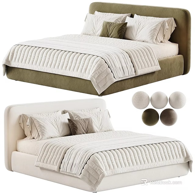 Modern Upholstered Double Bed With Quilted Bedding Decorative Pillows And Color Options 3d model 