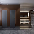 Modern Public Restroom Interior With Stall Partitions Sinks And Mirrors