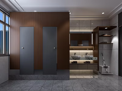 Modern Public Restroom Interior With Stall Partitions Sinks And Mirrors 3d model